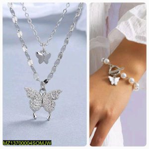 2 PC Silver Plated Butterfly Design Necklace And Bracelete Set